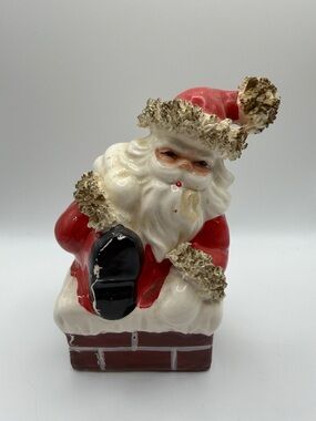 Vintage Napco Spaghetti Gold Trim Santa Clause on Chimney Christmas Figurine